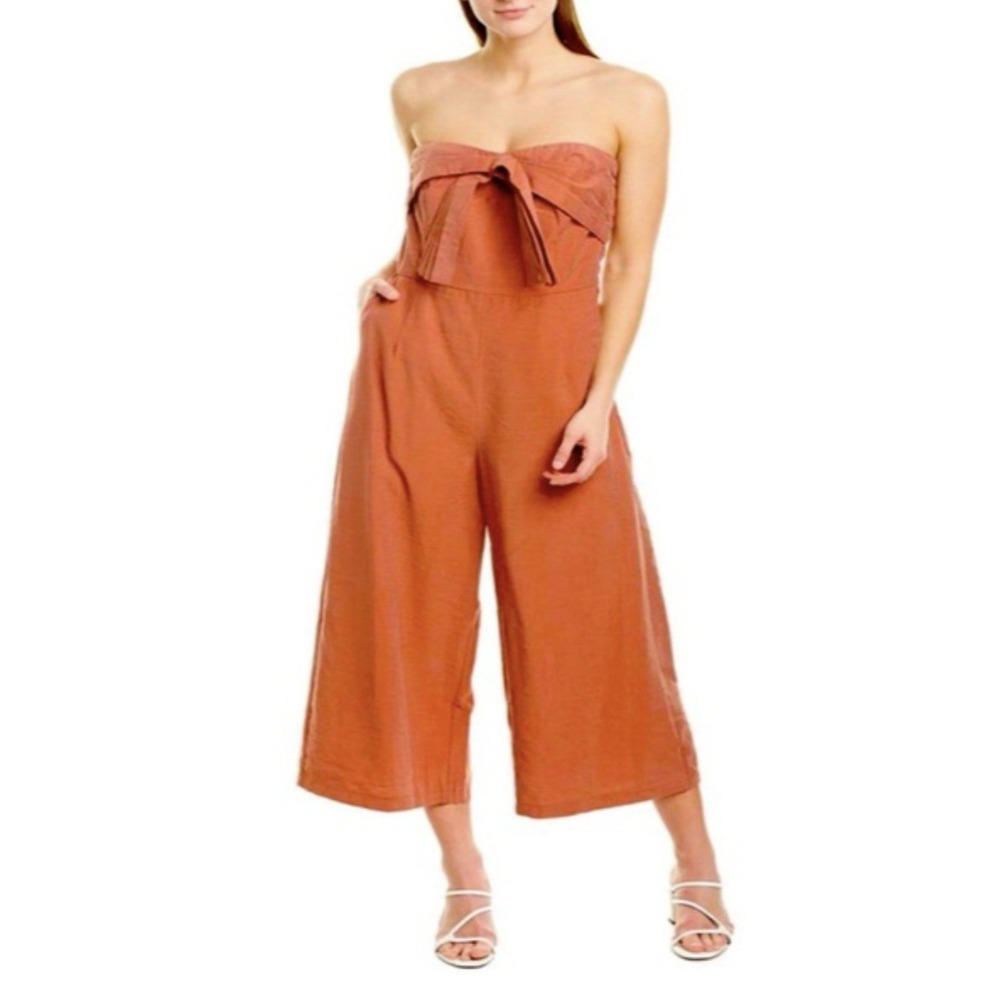 Greylin Wide Leg Jumpsuit Sz M Strapless Burnt Orange Bow Coquette Event Beach